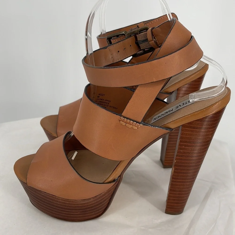 Steve Madden Dezzzy Tan Leather Platform High Heels size 9‎